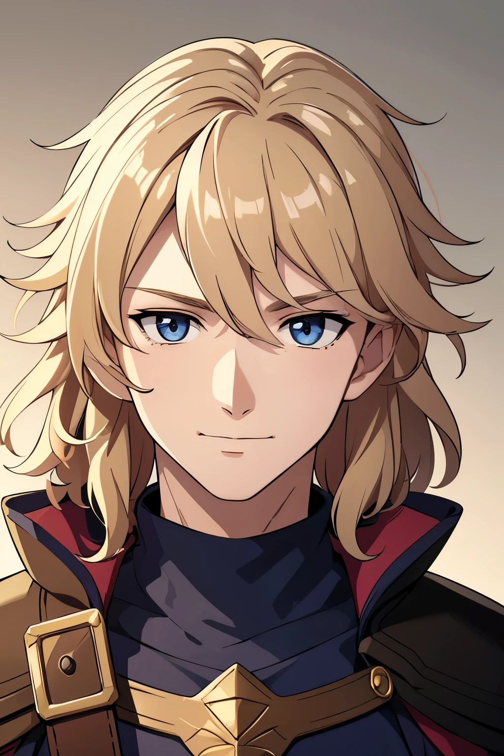 (high-quality, breathtaking),(expressive eyes, perfect face) 1boy, male, solo, portrait, young adult, age 18, Fire Emblem Awakening, Symmetrical Eyes, Fire Emblem, golden blonde hair color, short hair length, messy wavy hair, upper body, blue eyes, positive expression, charming smile, detailed eyes, blonde brown hair, narrow eyes, kind expression, benevolent prince, grey background, detailed eyes, black and gold armor, pink cape
