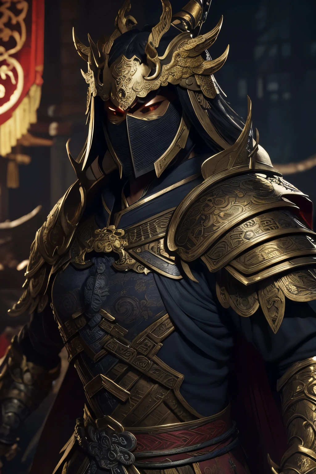 (8K) (Artstation is very detailed), ancient Chinese armor, wearing masks and armor characters, epic battle scenes, with Chinese dragon patterns on the dark parts of the armor, gold armor, and rich details in the characters' dark parts. The background is a Chinese fantasy scene, fantastic, and colorful