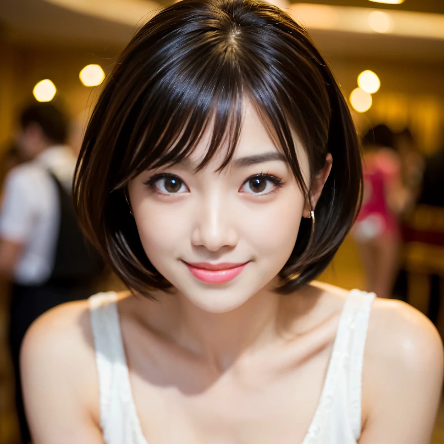 Best-quality, Masterpiece, Ultra-High-Resolution, (Photorealistic:1.4), Raw Photo, depth of field, professional lighting, perfect anatomy, extremely details, 1girl, Japanese idol, upper body, at party hall, (extremely cute face, ((extremely beautiful and extremely big eyes)), extremely beautiful short-cut-haired, extremely beautiful skins), realistic skin texture, extremely beautiful long-eyelashes, extremely beautiful lips, looking at viewer, innocent-smile, detailed party-hall
