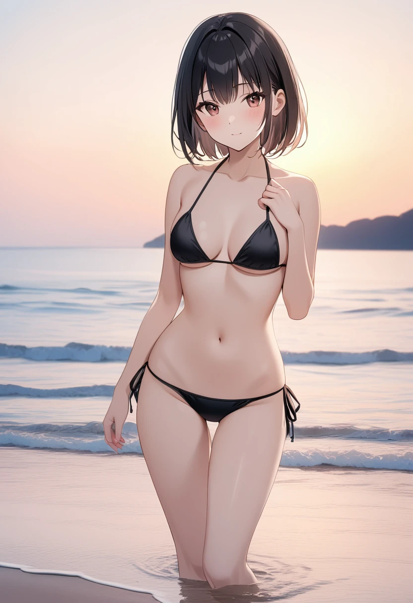 beach、Japanese long black hair girl、String Bikini、Are standing