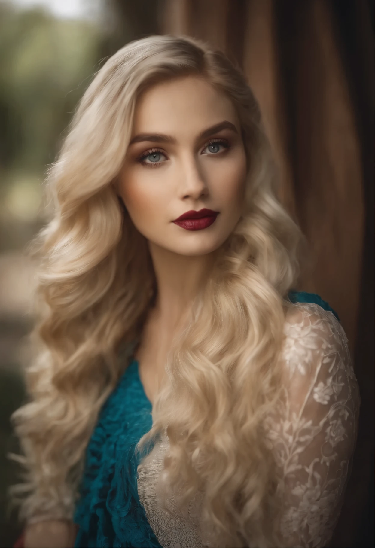 beautiful, porcelain-like, 22-year-old woman with blonde hair