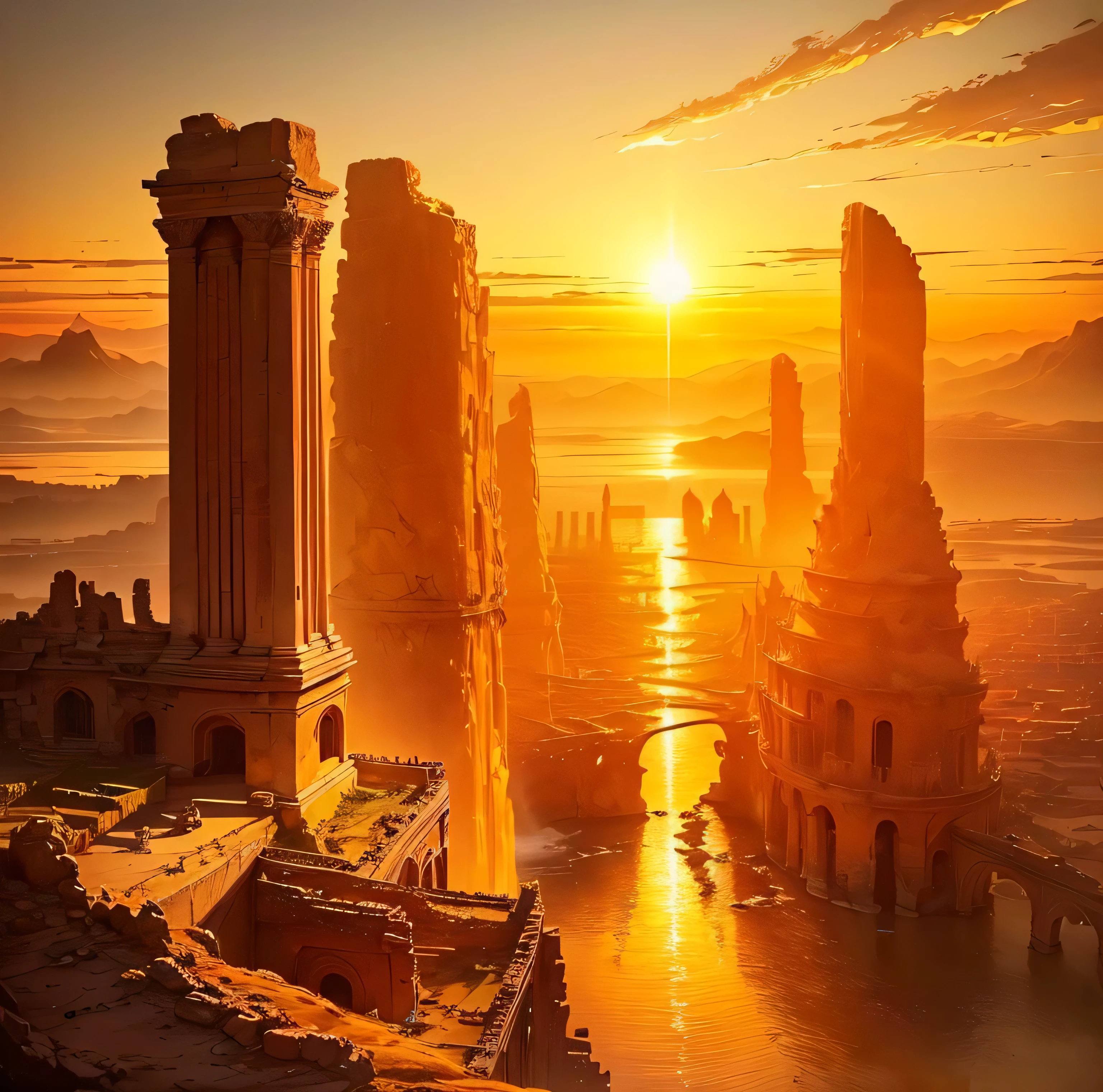 Golden ancient ruins floating in the air、A golden land where everything shines gold 、Golden sea、Golden Ancient Ruins. with the sun setting on the horizon, Painting the sky orange and gold,Natural beauty、 In a magical scene in the late afternoon." 、Lens flare、Landscape painting、No humans、((Landscape painting without people:1.4))