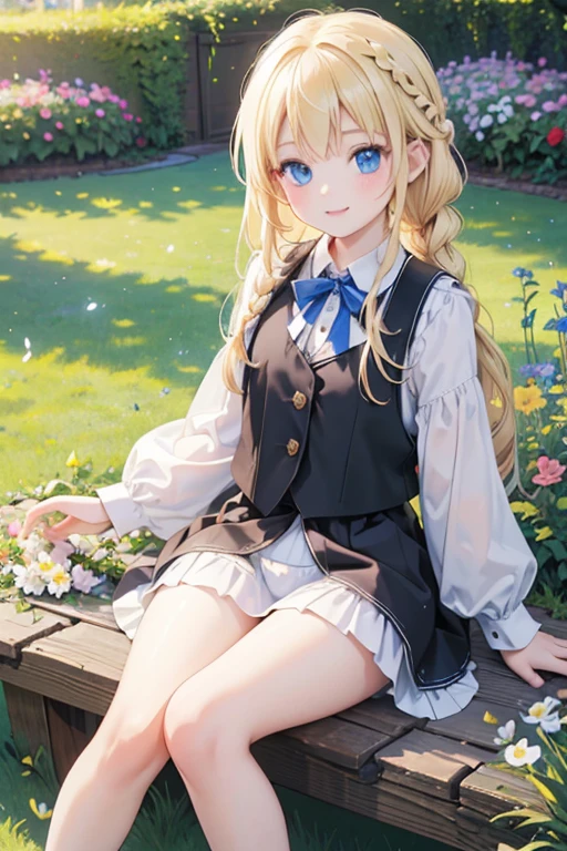 (8k, highest quality, Tabletop:1.2)、Ultra-high resolution、One , Perfect Fingers, Detailed face, smile, blue eyes, Blonde, Braid, White panties, White blouse, Black vest, garden, flower bed, Sitting on the grass