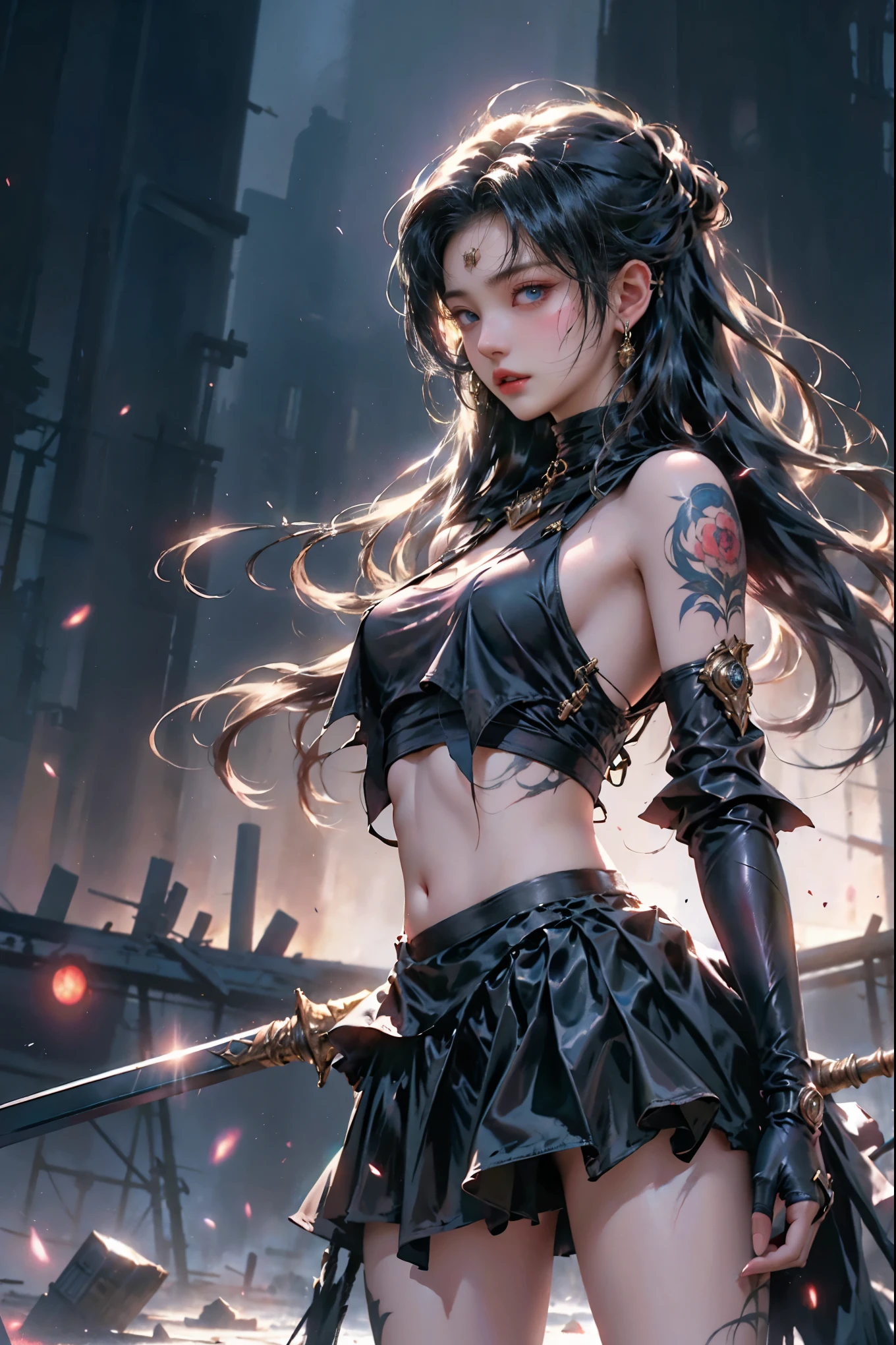 In this captivating and dark fantasy scene, a mysterious and seductive girl stands triumphantly amidst the chaos of a desolate battlefield. Surrounded by corpses and debris, she confidently wields two swords, her piercing blue eyes locked onto an unseen target. Her striking features are accentuated by her wavy messy bob, full lips, black eyeshadow, freckles, and multiple tattoos. With her vibrant colors and detailed features, this stunning image seamlessly blends alluring beauty with brutal violence, evoking a dark fantasy vibe reminiscent of anime.