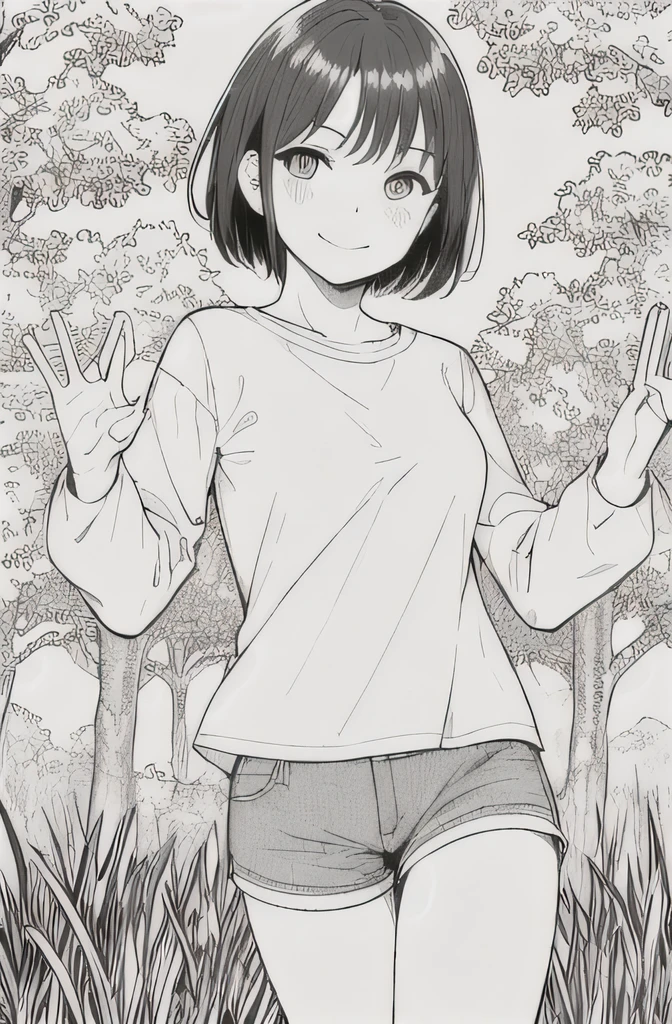 masterpiece, best quality, 1girl, 14 y.o girl, shorthair, breasts, cute eyes, white t-shirt with long sleeves, short hot pants, smile, forest, grass, raise both hands, looking at viewer, outdoors, lineart, monochrome, 