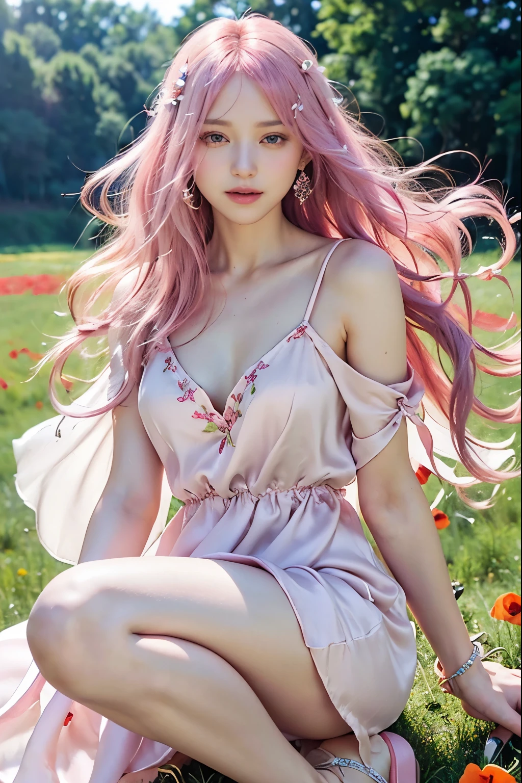 (8K, top-quality, masterpiece:1.2), (reallistic, Photorealsitic:1.37), Super Detail, One girl,), (Highly detailed), (beautifully detailed eyes), (of the highest quality), (super detailed ), (masterpiece), (Detailed face),20yr old, ,1 girl, ((pink hair,long hair)), medium breasts, clothed, Perfect Lighting, BREAK (silky dress:1.5), (soft pink:1.4), (slit skirt:1.3), (spaghetti straps:1.2), (embroidery:1.2), (stiletto heels:1.2), (diamond drop earrings:1.1), (clutch bag:1.1), BRAKE (from upper body to knees:1.3), (long wavy pink hair in the wind:1.3), (gentle smile:1.2), (facing the camera:1.1), (hands on dress slit:1.1), (poppy and marguerite field in full bloom:1.4), (backlit by warm sunlight:1.2), BRAKE