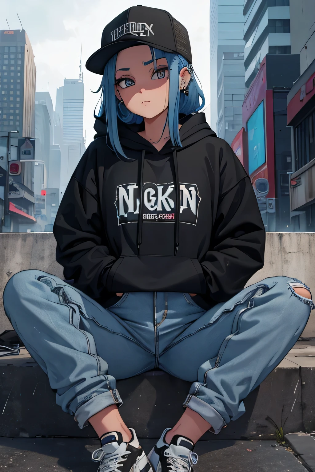 create a blank faded black washed hoodie, retro baggy, 90s, with a trucker hat on, beautiful female thin face, piercings on face, loose fit, baggy, pretty eyes, hoodie, sky scrapper night life in background, rain, sitting on ground legs crossed, hoodie jaw string tied in a knot, baggy jeans blue hair