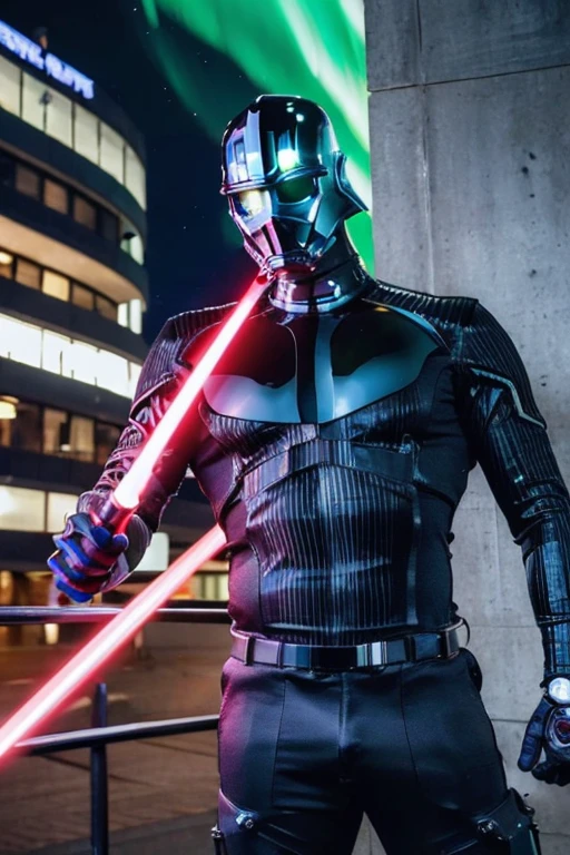 Image of a man wearing a cybernetic bodysuit and cybernetic helmet holding a lightsaber-like weapon in his hand in a city at night with the aurora shining