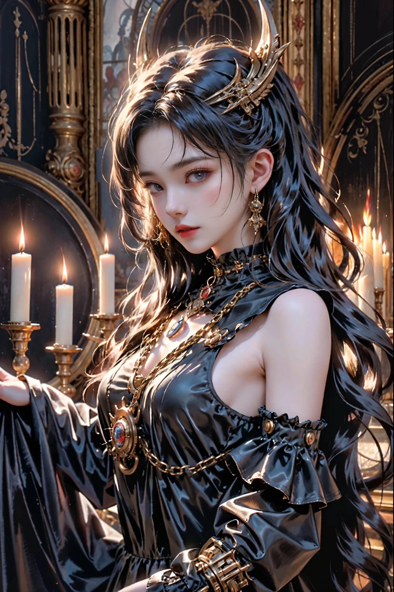 Masterpiece, high quality, high resolution 32k. Surreal and haunting photography with a gothic steampunk-baroque aesthetic, capturing the disturbing yet captivating image of a woman in the midst of a hallucinatory journey. She wears ornate steampunk-style clothing mixed with dark Victorian fashion, and her eyes are wide open in fear and surprise. The background is a surreal, dreamlike world filled with twisted machines, floating candles, and strange creatures. The overall atmosphere is cinematic, with a mix of macabre and beautiful elements that challenge the viewer's perception of reality.