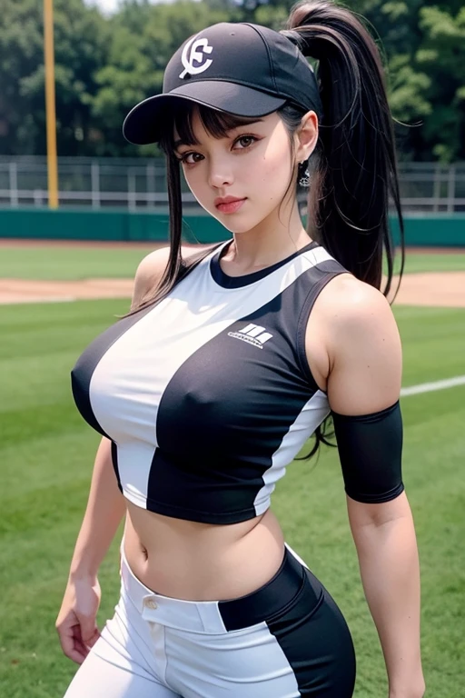 long hair, black hair, bangs, ponytail, beautiful, beautiful woman, perfect body, perfect breasts, huge breasts, wearing black softball uniform, wearing a black softball hat, white softball pants, on the softball field, holding a softball, looking at viewer, slight smile, realism, masterpiece, textured skin, super detail, high detail, high quality, best quality, 1080p, 16k