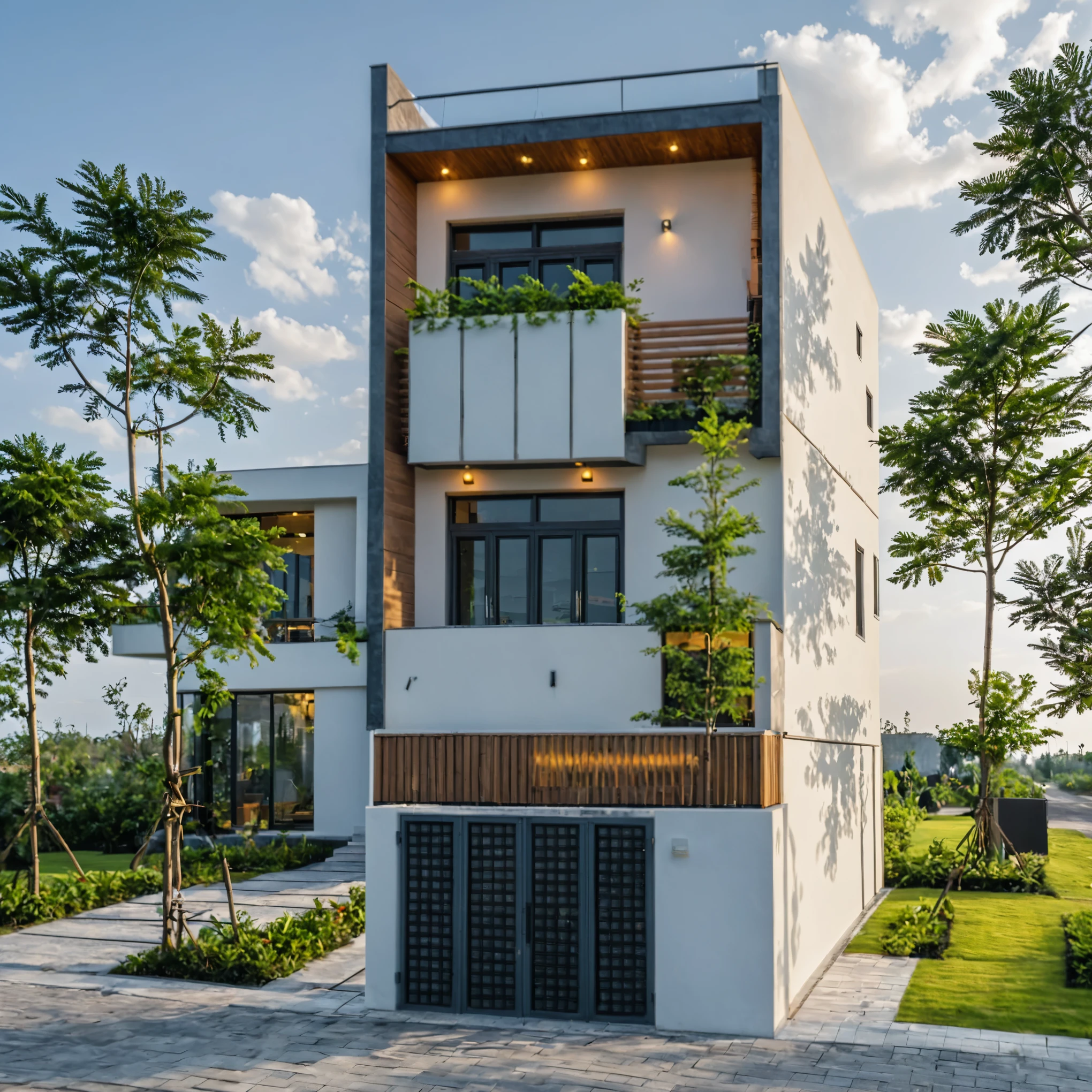 Masterpiece, high quality, best quality, authentic, super detail, outdoors, onestoreyvillaXL, aiaigroup, house style modern on the street ,stairs, white wall ,road,pavement, grass, trees, sky, cloud, (daylight:1.1)