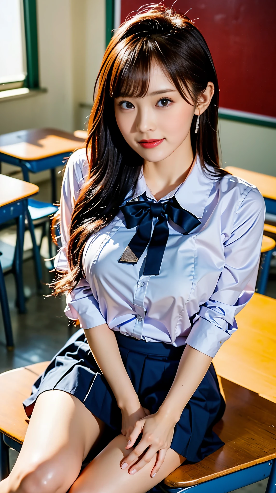 (((Masterpiece，highest quality，Ultra-high resolution，Super Detail，Extremely detailed，Super vivid)))，((Highest quality，8k，Hyper Quality))，Japanese，High school girls，Blue color contacts，cute，sexy，glamorous，Semi-long hair that reaches the shoulders，Light brown hair(Golden mesh)，Wavy Hair，necklace，Earrings，School-designated summer uniform，Open-neck blouse(Wearing clothes next to the skin)，mini skirt，Bare feet and brown loafers，((She shows off her chest to the boy she likes during recess in the classroom.))