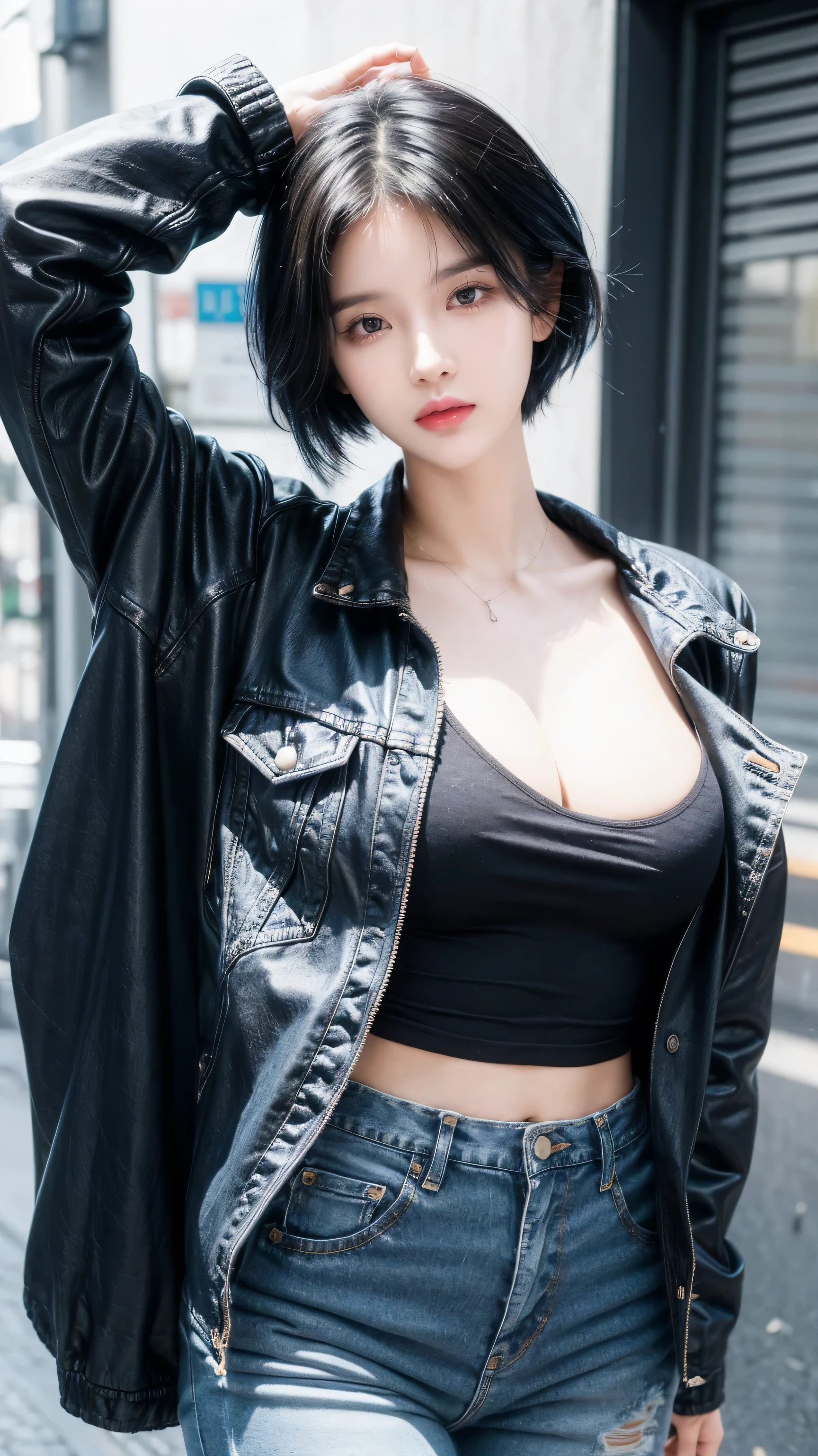 best quality, 1 Girl, dark blue hair, black eyes, Very short hair, Spiky hair, over size t-shirt, jacket , High waist jeans, 171 cm, Messy hair, Hair between the eyes, Medium breasts, full, Tomboy, aldult, 20 years old, 1 Girl