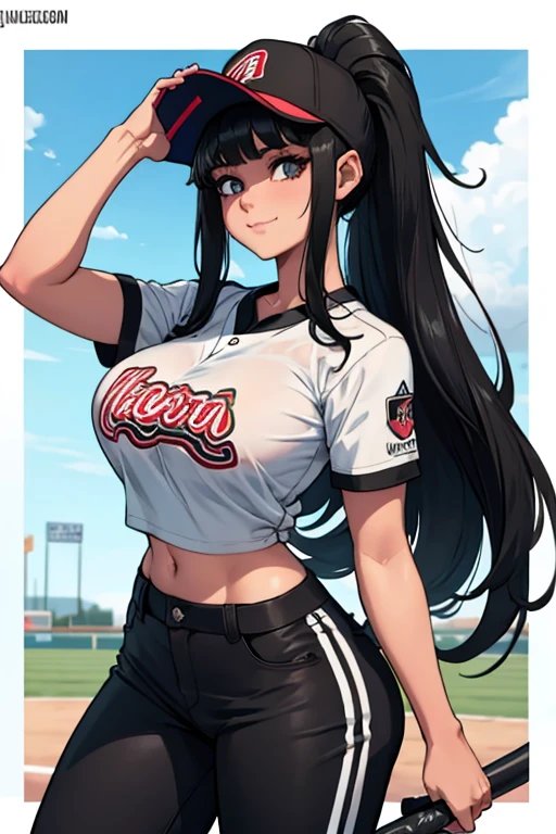 long hair, black hair, bangs, ponytail, beautiful, beautiful woman, perfect body, perfect breasts, huge breasts, wearing black softball uniform, wearing a black softball hat, white softball pants, on the softball field, holding a softball, looking at viewer, slight smile, realism, masterpiece, textured skin, super detail, high detail, high quality, best quality, 1080p, 16k