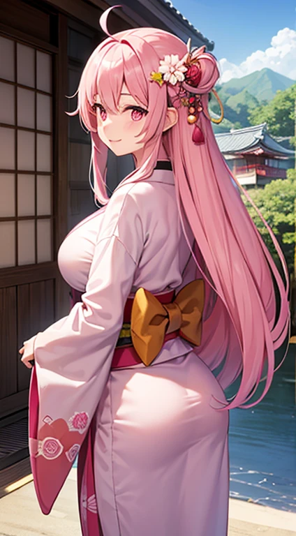 1 girl, game CG, pink kimono, hair ornament, gigantic breasts, pink hair, long hair, straight hair, ahoge, pink eyes, smile, Japanese scenery, back view, ass,