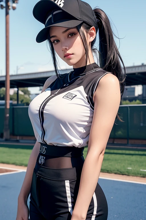 long hair, black hair, bangs, ponytail, beautiful, beautiful woman, perfect body, perfect breasts, huge breasts, wearing black softball uniform, wearing a black softball hat, white softball pants, on the softball field, holding a softball, looking at viewer, slight smile, realism, masterpiece, textured skin, super detail, high detail, high quality, best quality, 1080p, 16k