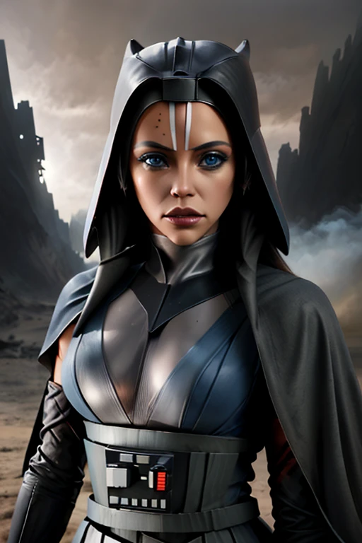 black latex, Ahsoka Tano, as a skilled Jedi, encounters the iconic villain Darth Vader. The intricate details of Ahsoka's face show her determination and wisdom, with intense blue eyes and defined facial features. She wears her signature white and gray attire, emphasizing her connection to the Light Side of the Force. The scene is set in a desolate landscape, with remnants of a battle and smoke-filled skies, evoking a sense of urgency and conflict. The artwork is rendered in a realistic style, capturing every detail with high resolution and sharp focus. The lighting accentuates the dramatic nature of the encounter, casting deep shadows and highlighting the characters' expressions. The color palette is dark and moody, with hints of blue and red tones, symbolizing the clash between good and evil. The artwork aims to capture the emotional depth and intensity of this iconic confrontation between Ahsoka and Darth Vader.
