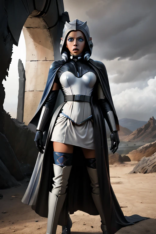 black latex, Ahsoka Tano, as a skilled Jedi, encounters the iconic villain Darth Vader. The intricate details of Ahsoka's face show her determination and wisdom, with intense blue eyes and defined facial features. She wears her signature white and gray attire, emphasizing her connection to the Light Side of the Force. The scene is set in a desolate landscape, with remnants of a battle and smoke-filled skies, evoking a sense of urgency and conflict. The artwork is rendered in a realistic style, capturing every detail with high resolution and sharp focus. The lighting accentuates the dramatic nature of the encounter, casting deep shadows and highlighting the characters' expressions. The color palette is dark and moody, with hints of blue and red tones, symbolizing the clash between good and evil. The artwork aims to capture the emotional depth and intensity of this iconic confrontation between Ahsoka and Darth Vader.
