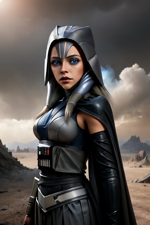 black latex, Ahsoka Tano, as a skilled Jedi, encounters the iconic villain Darth Vader. The intricate details of Ahsoka's face show her determination and wisdom, with intense blue eyes and defined facial features. She wears her signature white and gray attire, emphasizing her connection to the Light Side of the Force. The scene is set in a desolate landscape, with remnants of a battle and smoke-filled skies, evoking a sense of urgency and conflict. The artwork is rendered in a realistic style, capturing every detail with high resolution and sharp focus. The lighting accentuates the dramatic nature of the encounter, casting deep shadows and highlighting the characters' expressions. The color palette is dark and moody, with hints of blue and red tones, symbolizing the clash between good and evil. The artwork aims to capture the emotional depth and intensity of this iconic confrontation between Ahsoka and Darth Vader.
