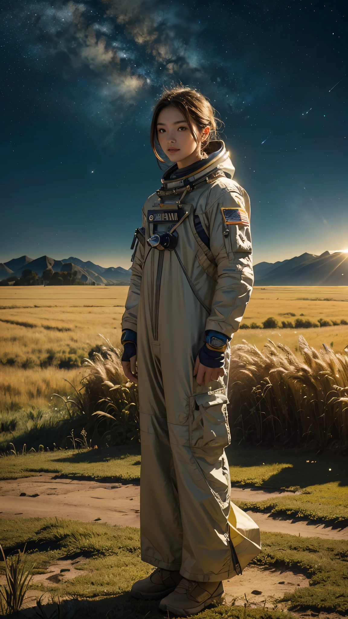 masterpiece,best quality,Astronauts standing on a fertile planet,The planet is full of green wheat fields,The background is a splendid universe,The most beautiful starry sky,extreme detailed details,8K,Movie Light Effects