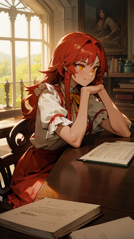tanned skin, well-built woman, long red hair, yellow eyes, moe fang,  human,  vibrant landscape, calm pose, scarred face, frilly blouse, modest frilly dress, well-toned body, slight muscle, adult body, dominant, facial scars, indoors, castle, drinking tea, sitting at a table, muscular, books and paper on table, studying