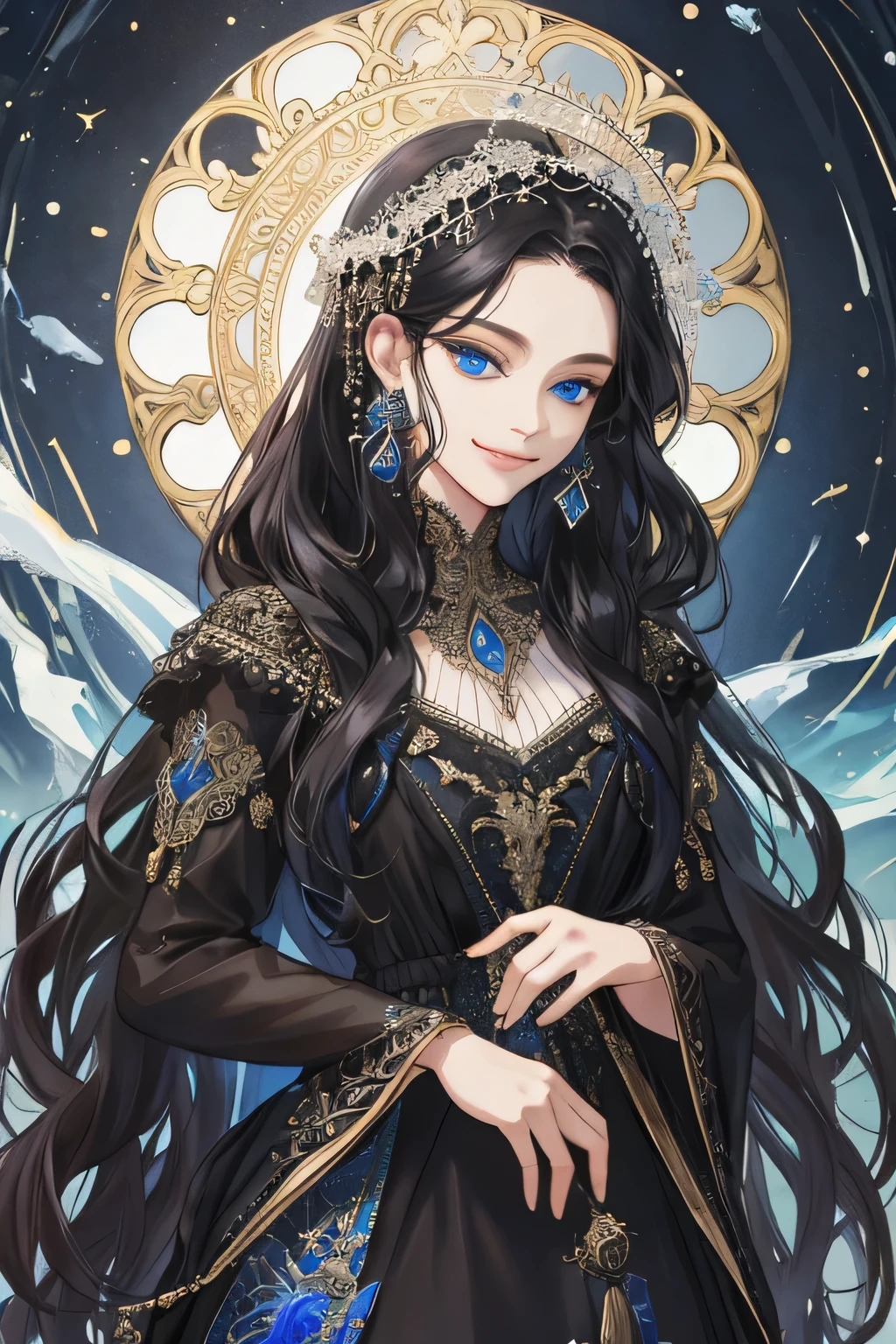 (extreamly delicate and beautiful:1.2), 8K,(masterpiece:1.0),(best_quality:1.0), 1 girl, and intricate detailing, Enlarged textures, and intricate detailing, finely eye and detailed face, and intricate detailing, shiraga, black curls long hair, (smirk mouths), Perfect eyes, Equal eyes, blue ice eyes (A famale god) with black midi Dress, look at camera, look 50 years old