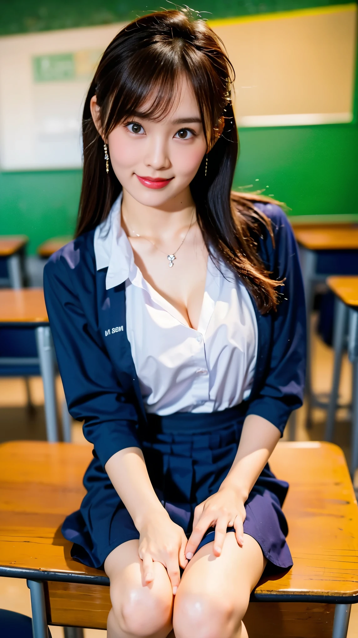 (((Masterpiece,highest quality,Ultra-high resolution,Super Detail,Extremely detailed,Super vivid))),((Highest quality,8k,Hyper Quality)),Japanese,High school girls,Blue color contacts,cute,sexy,glamorous,Semi-long hair that reaches the shoulders,Light brown hair(Golden mesh),Wavy Hair,necklace,Earrings,School-designated summer uniform,Open-neck blouse(Wearing clothes next to the skin),mini skirt,Bare feet and brown loafers,((She shows off her chest to the boy she likes during recess in the classroom.))