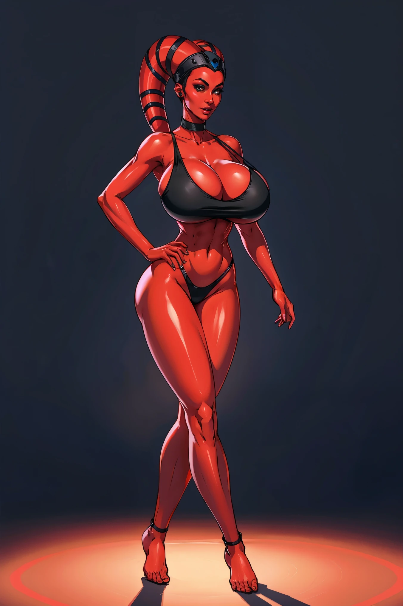 Tall, (thin), Red Skin Twi'lek with (gigantic breasts) wearing black underwear, choker, gigantic breasts, cleavage, tall, graceful, (tall), slim hips, small waist, full-body shot