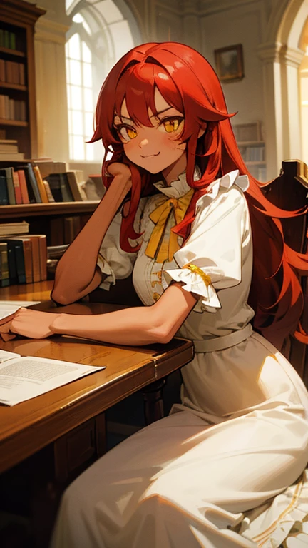 tanned skin, well-built woman, long red hair, yellow eyes, moe fang,  human,  vibrant landscape, calm pose, scarred face, frilly blouse, modest frilly dress, well-toned body, slight muscle, adult body, dominant, facial scars, indoors, castle, drinking tea, sitting at a table, muscular, books and paper on table, studying