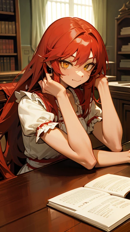 tanned skin, well-built woman, long red hair, yellow eyes, moe fang,  human,  vibrant landscape, calm pose, scarred face, frilly blouse, modest frilly dress, well-toned body, slight muscle, adult body, dominant, facial scars, indoors, castle, drinking tea, sitting at a table, muscular, books and paper on table, studying