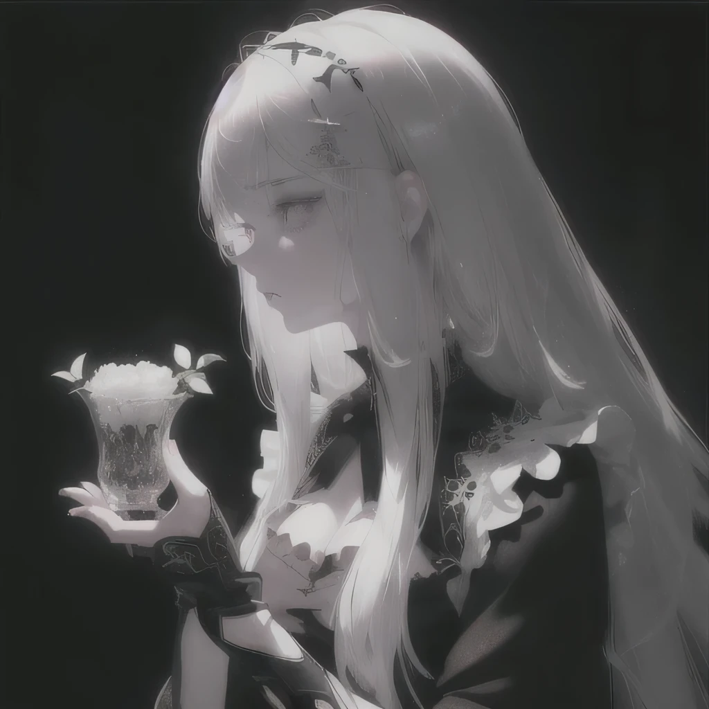 Anime - a young woman with white long hair and a black top, Girl with white hair, Perfect white haired girl, Bright Gray Eyes, flowers on hair,( Smart Design, Sharp lines, High sharpness,top quality, very detailed, masterpiece, lighting effects in cinema, 4K )pure White background, light gray haired girl with beautiful eyes tattered and torn dress sitting in the corner of a dark room, Anime - a style portrait of a woman with white long hair and a black top, Girl with white hair, Perfect white haired girl, Bright Gray Eyes, flowers on hair,( Smart Design, Sharp lines, High sharpness,top quality, very detailed, masterpiece, lighting effects in cinema, 4K )pure White background, "A close-up photo of a gorgeous white haired woman, in hyperrealistic detail, with a slight hint of loneliness in her eyes. Her face is the center of attention, with a sense of allure and mystery that draws the viewer in, but her eyes are also slightly downcast, as if a sense of loneliness is lingering in her thoughts. The detailing of her face is stunning, with every pore, freckle, and line rendered in vivid detail, but the image also captures the subtle emotions of loneliness that might lie beneath her surface."