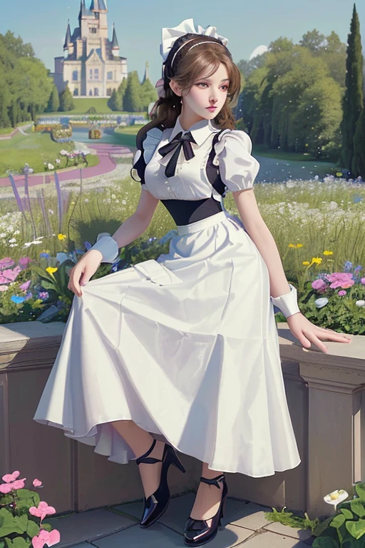 ( best quality、8k、masterpiece、Practical:1.3 )、 1 female、( A garden with a classic and famous castle as the background )、( Very high quality dark background : 1.2)、Natural bright sunlight、Blue sky、Brown hair tied up、Beautiful Women in Perfect Shape: 1.4、Highly detailed face and skin texture、Delicate eyes、double eyelids、far away : 1.2 、I can see the whole body、White maid、White maid headband、Ruffled shirt、Ribbon Tie、apron、High heel 、 ( Skirt lift show : 1.3 )