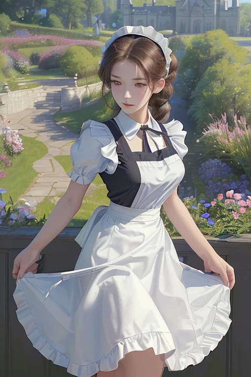 ( best quality、8k、masterpiece、Practical：1.3 )、 1 female、( A garden with a classic and famous castle as the background )、( Very high quality dark background : 1.2)、Natural bright sunlight、Blue sky、Brown hair tied up、Beautiful Women in Perfect Shape: 1.4、Highly detailed face and skin texture、Delicate eyes、double eyelids、far away : 1.2 、I can see the whole body、White maid、White maid headband、Ruffled shirt、Ribbon Tie、apron、High heel 、 ( Skirt lift show : 1.3 )