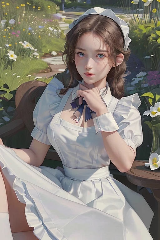 ( best quality、8k、masterpiece、Practical:1.3 )、 1 female、( A garden with a classic and famous castle as the background )、( Very high quality dark background : 1.2)、Natural bright sunlight、Blue sky、Brown hair tied up、Beautiful Women in Perfect Shape: 1.4、Highly detailed face and skin texture、Delicate eyes、double eyelids、far away : 1.2 、I can see the whole body、White maid、White maid headband、Ruffled shirt、Ribbon Tie、apron、High heel 、 ( Skirt lift show : 1.3 )