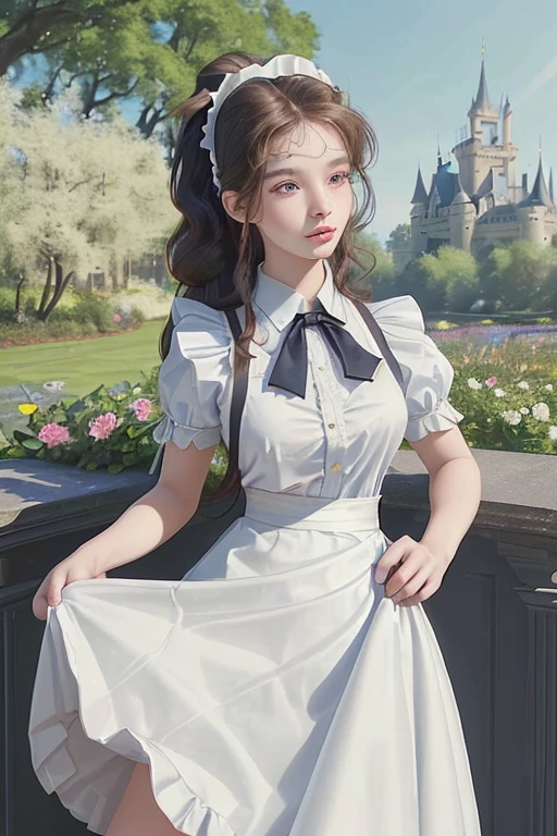 ( best quality、8k、masterpiece、Practical：1.3 )、 1 female、( A garden with a classic and famous castle as the background )、( Very high quality dark background : 1.2)、Natural bright sunlight、Blue sky、Brown hair tied up、Beautiful Women in Perfect Shape: 1.4、Highly detailed face and skin texture、Delicate eyes、double eyelids、far away : 1.2 、I can see the whole body、White maid、White maid headband、Ruffled shirt、Ribbon Tie、apron、High heel 、 ( Skirt lift show : 1.3 )