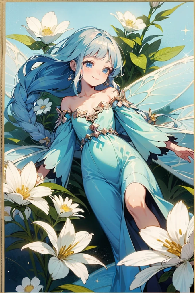 (masterpiece、highest quality、highest quality、Beautiful and beautiful:1.2)、Good anatomy、Zoom out、Wide blue sky、Girl with braided hair、Beautiful smile、とてもCharm、Flower Fairy、Transparent feathers、Platinum decoration、Super detailed、Sparkling、Flower-sized body、pure、Charm、Fantasy、edelweiss、Botanical Art