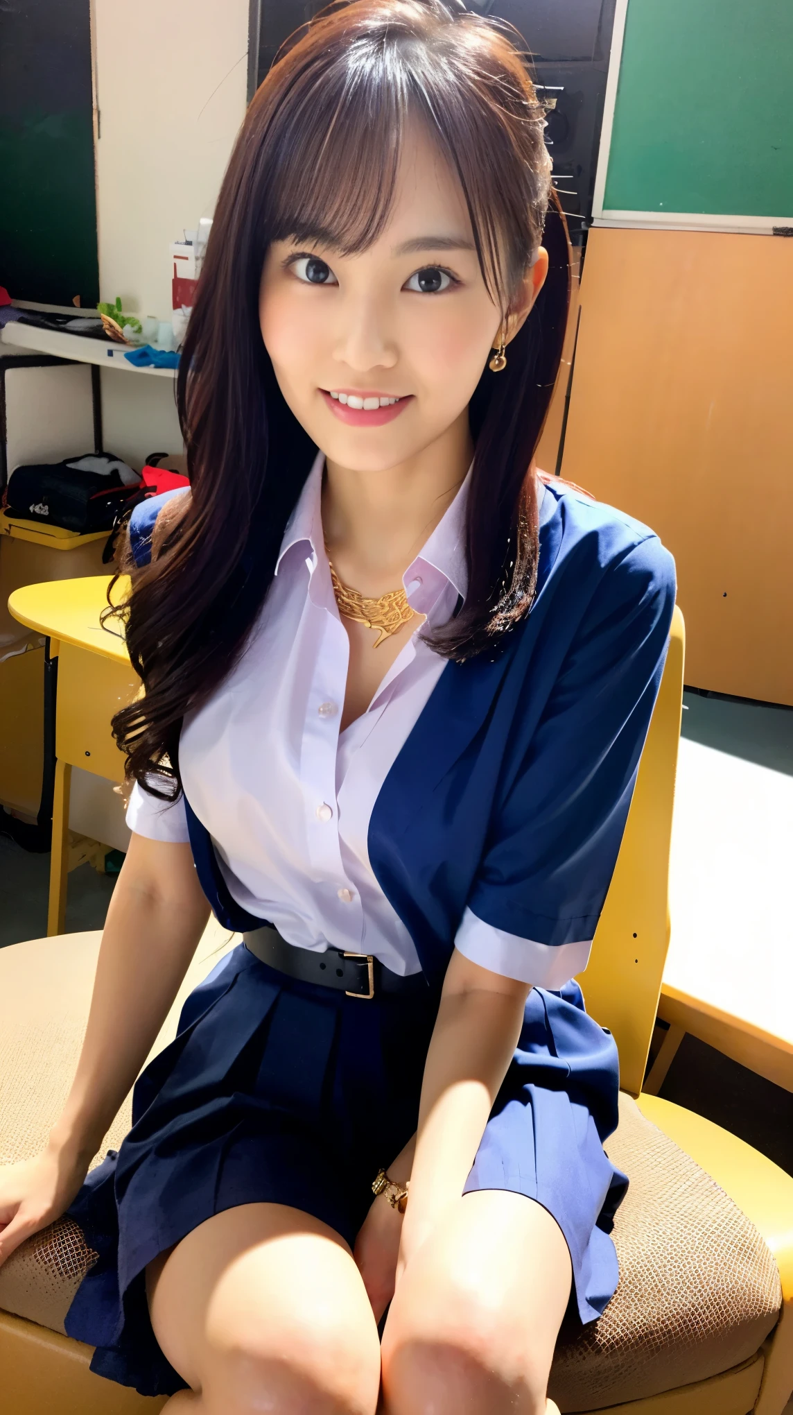 (((Masterpiece，highest quality，Ultra-high resolution，Super Detail，Extremely detailed，Super vivid)))，((Highest quality，8k，Hyper Quality))，Japanese，High school girls，Blue color contacts，cute，sexy，glamorous，Semi-long hair that reaches the shoulders，Light brown hair(Golden mesh)，Wavy Hair，necklace，Earrings，School-designated summer uniform，Open-neck blouse(Wearing clothes next to the skin)，mini skirt，Bare feet and brown loafers，((She shows off her chest to the boy she likes during recess in the classroom.))