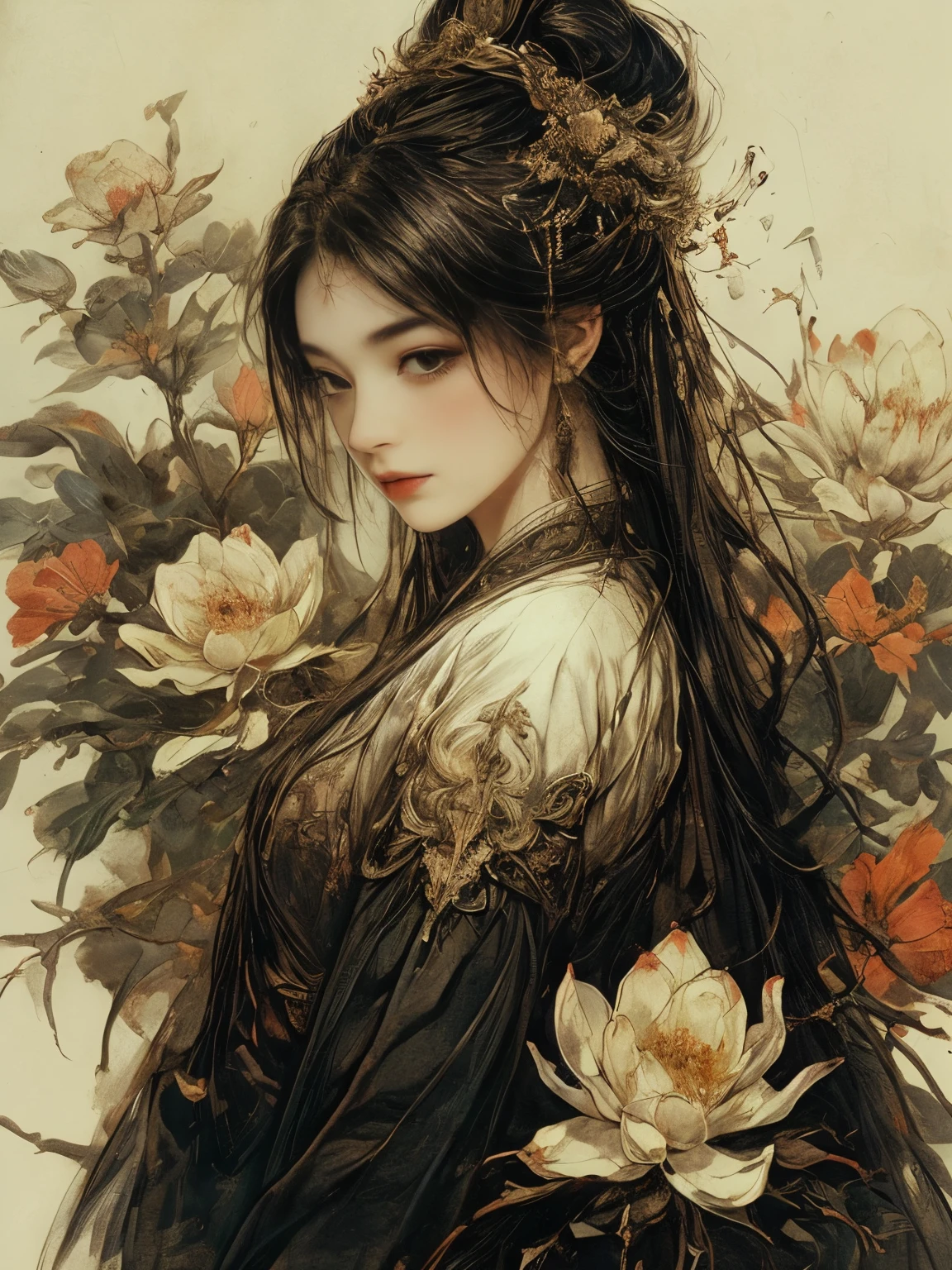 (8k, highest quality, masterpiece)，(Realistic, RAW Photos, Super Fine Clear), Realistic Light, Detailed skin, (1 beautiful lady with a slim body, Age 25, Buddhist goddess Asura:1.5), Thin legs, fine grain, Long white hair, Detailed fingers, thin, Sexual, Expressions of Ecstasy, (huge bouncing firm bust:1.4), (Crimson color metal armor:1.2),The chest of armor is widely open, Exposing the breasts,  (peach, peach garden, Flower Storm), Lakeside palace,