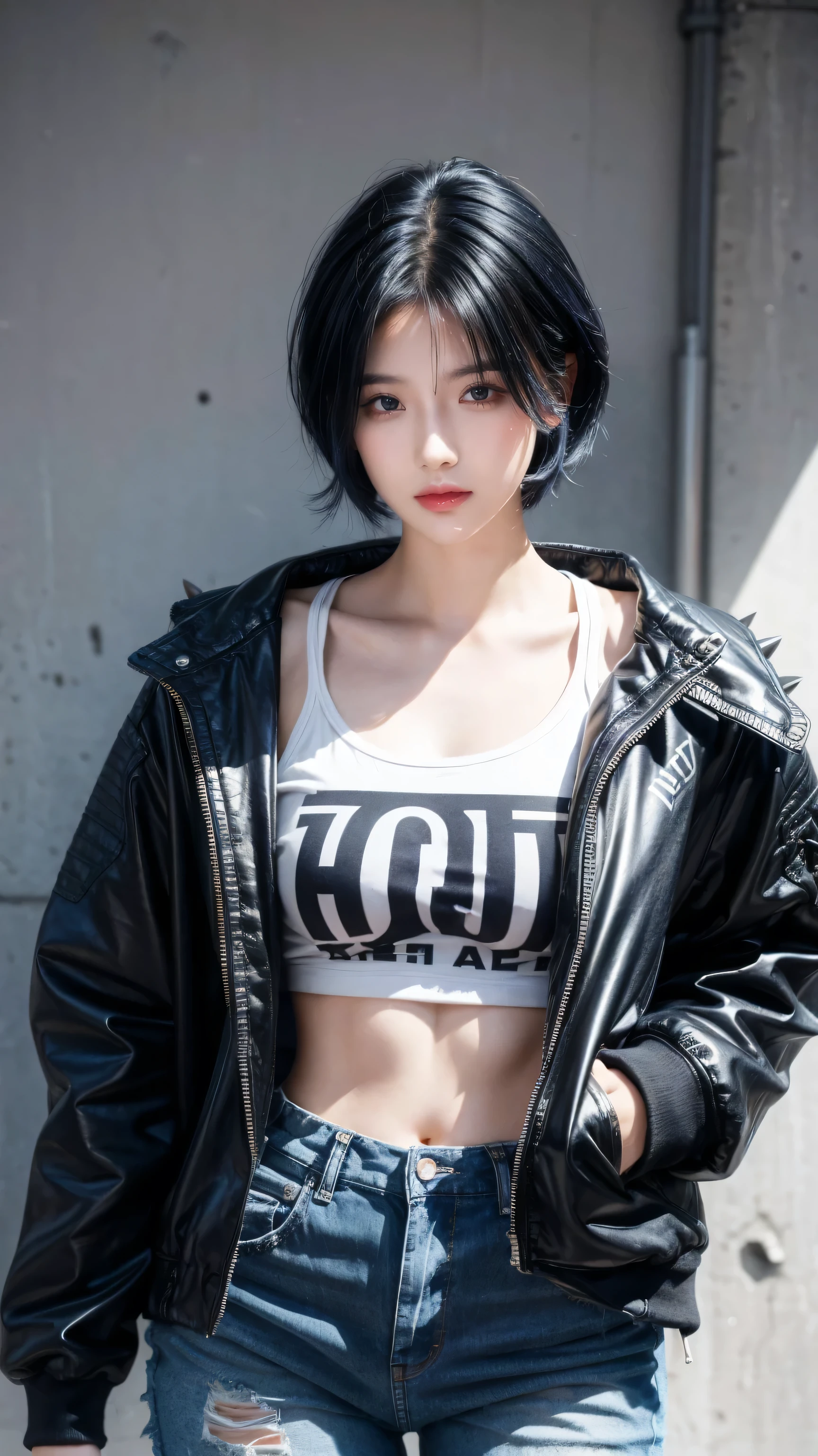 best quality, 1 Girl, dark blue hair, black eyes, Very short hair, Spiky hair, t-shirt, jacket , High waist jeans, 171 cm, Messy hair, Hair between the eyes, Medium breasts, full, Tomboy, aldult, 20 years old, 1 Girl
