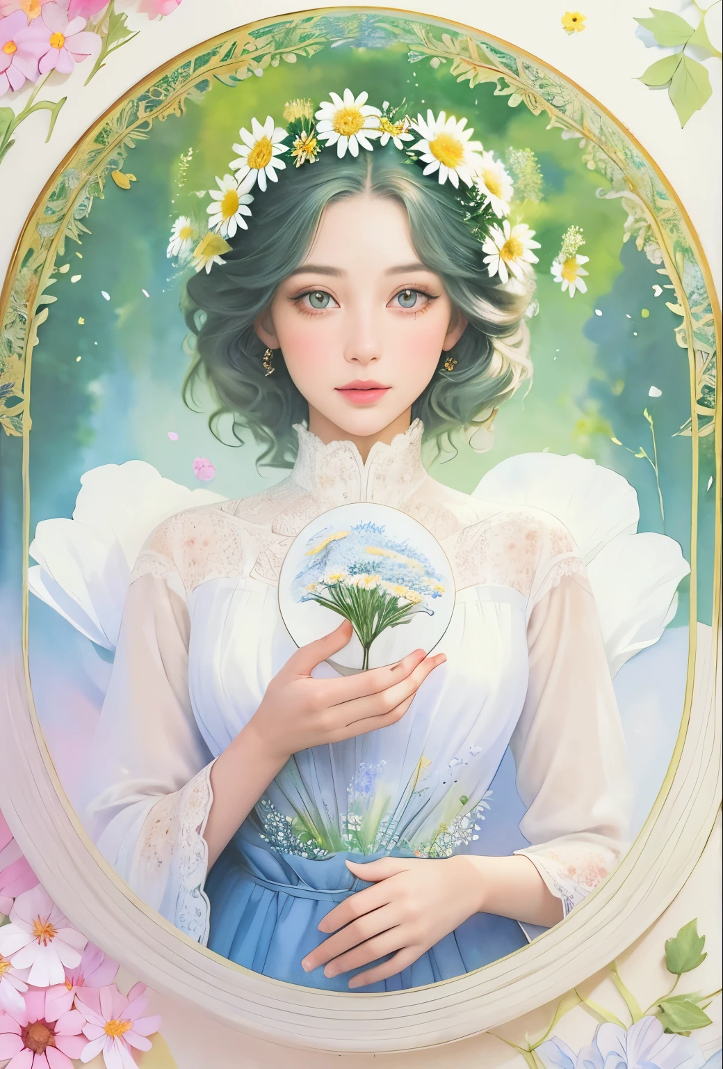 A girl in a garden, medium: watercolor painting, beautiful detailed eyes, beautiful detailed lips, extremely detailed eyes and face, long eyelashes, 1girl, Paper Daisy (Xerochrysum bracteatum), detailed flower petals, vibrant colors, soft lighting, best quality, realistic. oil on linen