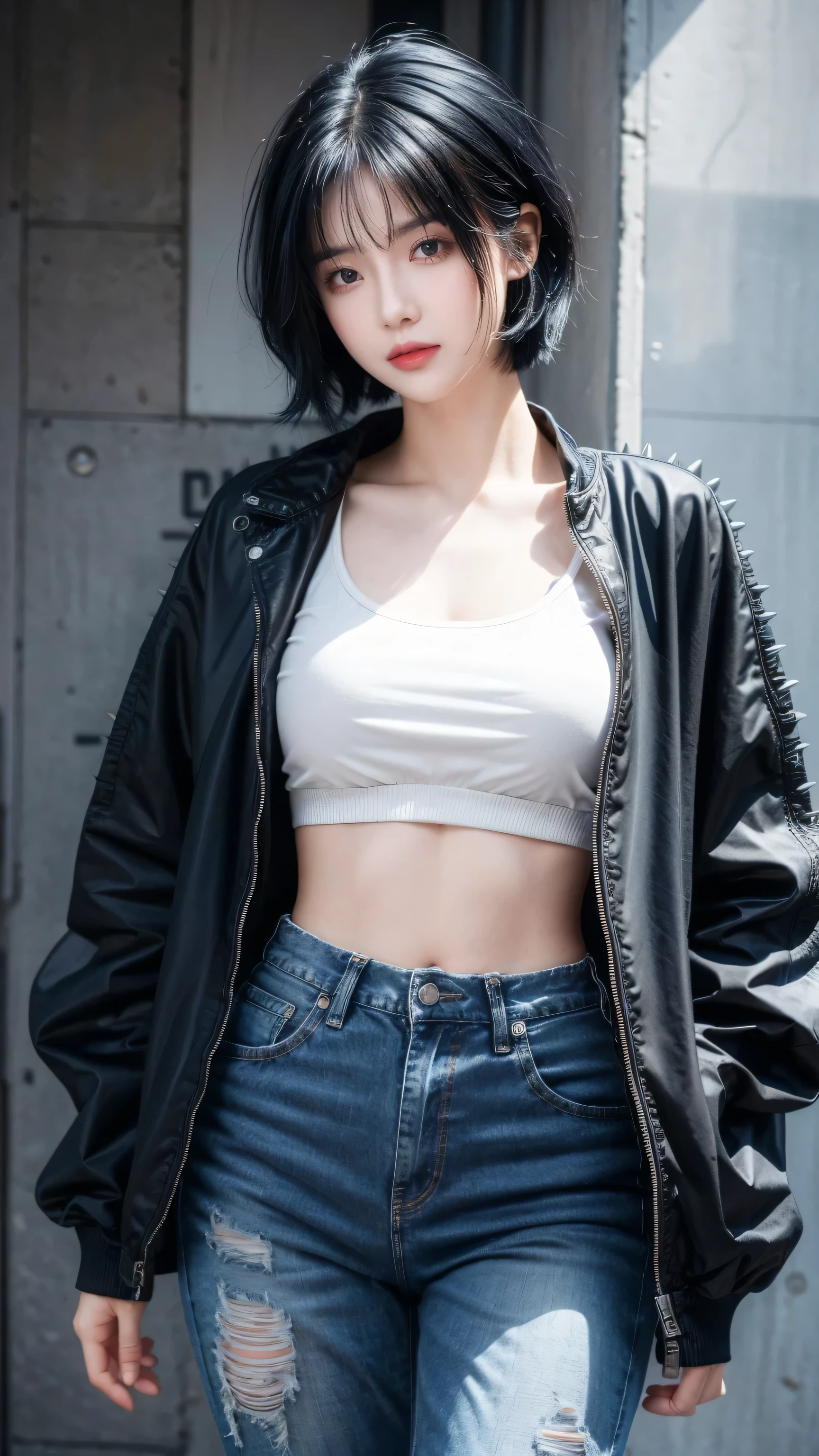 best quality, 1 Girl, dark blue hair, black eyes, Very short hair, Spiky hair, t-shirt, jacket , High waist jeans, 171 cm, Messy hair, Hair between the eyes, Medium breasts, full, Tomboy, aldult, 20 years old, 1 Girl