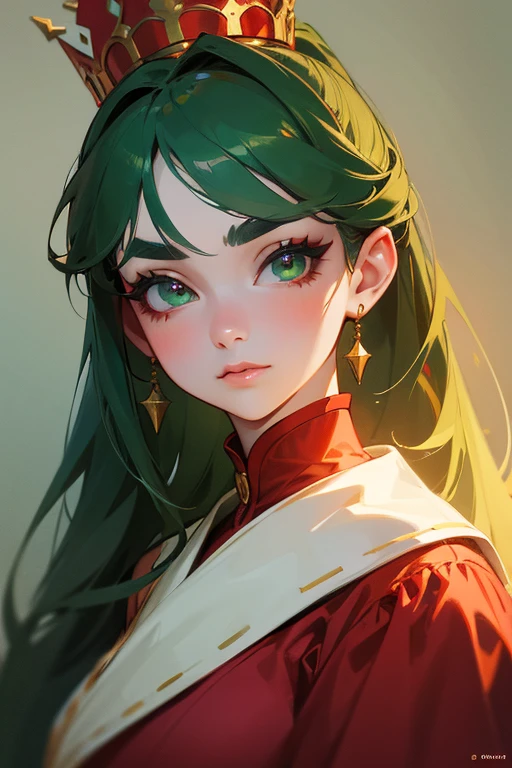 (highest quality, masterpiece:1.2), High resolution, Very detailed, Realistic:1.37, Fantasy, An illustration, Green Eyes、Queen, Red dress.Platinum decoration、beautifully、Eyeshadow Red、Thick eyebrows、Long eyelashes、pupils are black、Her hair is light green、Gold crown、Kissing Face、Embarrassing、people々々々々Loved by、ponytail、Shoulder Bare、Surprised face、