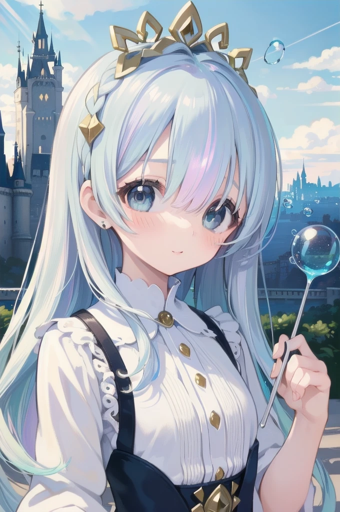 masterpiece, best quality, extremely detailed, (illustration, official art:1.1), 1 girl ,(((( light blue long hair)))), light blue hair, ,, long hair ((blush)) , cute face, big eyes, masterpiece, best quality,(((((a very delicate and beautiful girl))))),Amazing,beautiful detailed eyes,blunt bangs((((little delicate girl)))),tareme(true beautiful:1.2), sense of depth,dynamic angle,,,, affectionate smile, (true beautiful:1.2),,(tiny 1girl model:1.2),)(flat chest)),(((masterpiece, best quality, 8k resolution, sharp focus, Intricate details, beautiful girl, bright eyes, Face Golden Ratio, otherworldly liquid, watercolor, ((Pastel)), Bright colors, whimsical, Multifaceted, focus sharp, very high resolution, fine detail, fantasy princess ball gown, ((round eyes)), iridescent bubbles, castle landscape in the background)