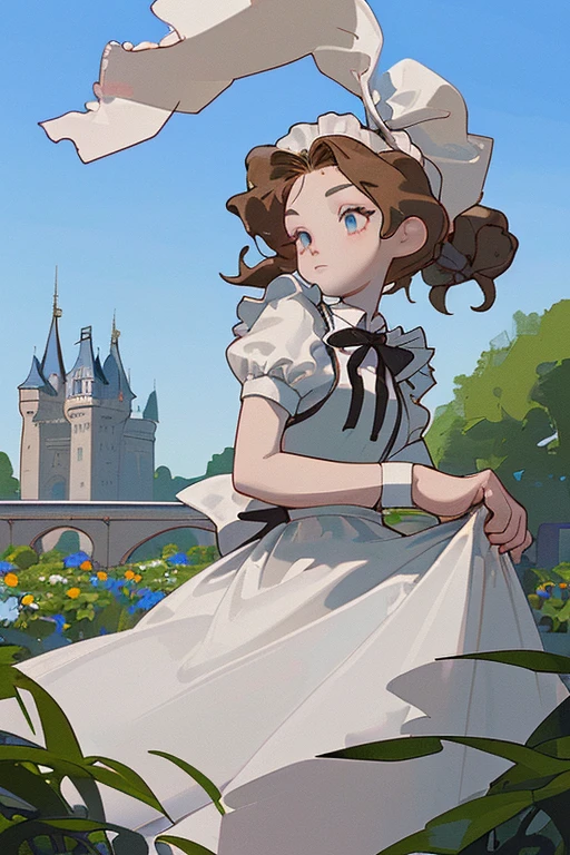 ( best quality、8k、masterpiece、Practical:1.3 )、 1 female、( A garden with a classic and famous castle as the background )、( Very high quality dark background : 1.2)、Natural bright sunlight、Blue sky、Brown hair tied up、Beautiful Women in Perfect Shape: 1.4、Highly detailed face and skin texture、Delicate eyes、double eyelids、far away : 1.2 、I can see the whole body、White maid、White maid headband、Ruffled shirt、Ribbon Tie、apron、High heel 、 ( Skirt lift show : 1.3 )
