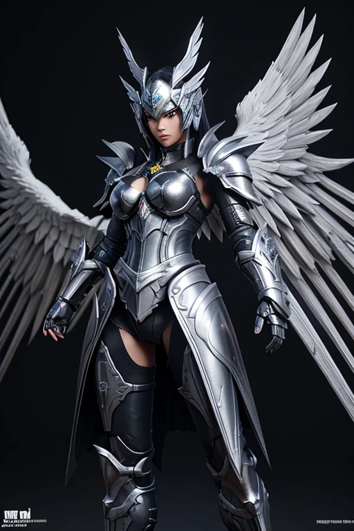 a close up of a black and white robot with wings, concept art by Yang J, zbrush central contest winner, shin hanga, armor angle with wing, ffxiv heavensward, angel in plastic armor, archangel, anthropomorphic raven knight, unreal engine render saint seiya, aion, mystical anubis valkyrie, mecha wings