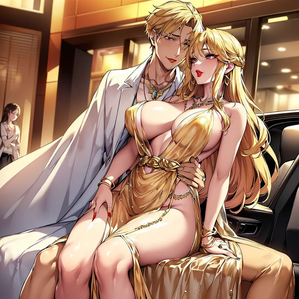 ((highest quality)), ((masterpiece)), (detailed), Perfect Face、（Yuuki Asuna）、(The woman has bright blonde hair)、((The woman and the man are walking down the street, their bodies pressed together, their cheeks pressed together, and the man sitting in the back seat of a luxury car is embracing the woman, and the woman is completely his, body and soul.))、((The woman is wearing a long slit see-through dress with gorgeous gold embroidery, shiny gold boots, and gorgeous jewelry accessories such as jeweled earrings, necklaces, bracelets, and waist chains. She is also wearing a gold see-through skirt with an open front.、Beautiful golden see-through cape))、、Men and women with gorgeous engagement rings、((The woman is wearing heavy makeup, including bright red lipstick and dark eyeshadow.))、The man gently strokes the woman&#39;s head with one hand.、The man is dressed luxuriously、((The man has a strong body and a big dick and balls))、(Woman looks happy）、(((The man is not wearing lipstick or makeup.)))、The man looks satisfied、