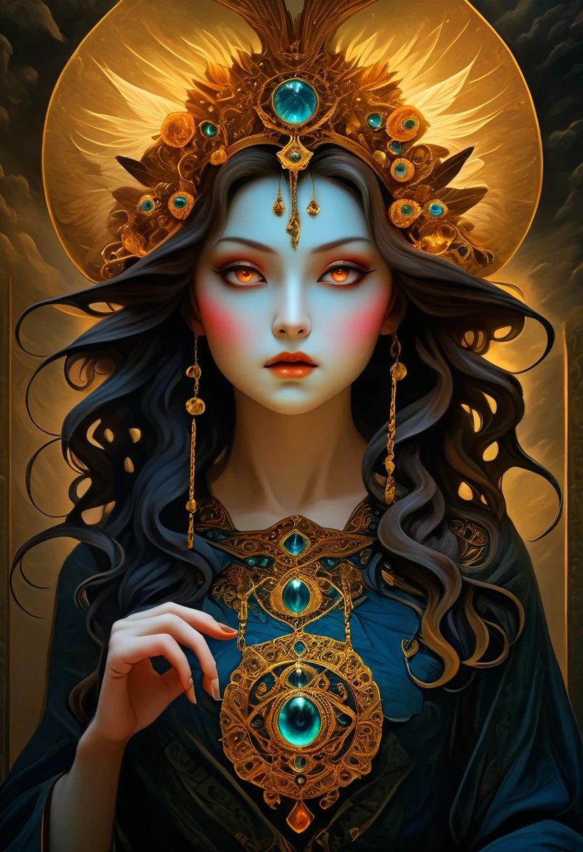 tarot card, (best quality,4k,8k,highres,masterpiece:1.2),ultra-detailed,realistic:1.37,epic art,colorful scary angel,(Apterus:1.5),oil painting,angry eyes,dark wings,vibrant colors,mysterious background,heavenly atmosphere,glowing halo,intense emotions,expressive brushstrokes,haunting presence,ethereal beauty,foreboding shadows,ominous lighting,dramatic composition,demonic features,sharp and detailed feathers,distinctive textures,contrast between light and dark,awe-inspiring,otherworldly,divine,fantasy theme,mythological creature,impressive wingspan,dynamic pose,ominous clouds,fallen angel,intricate details,captivating,unforgettable,visually stunning