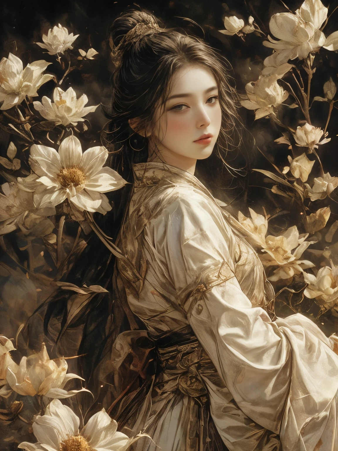 (8k, highest quality, masterpiece),(Realistic, RAW Photos, Super Fine Clear), Realistic Light, Detailed skin, (1 beautiful lady with a slim body, Age 25, Buddhist goddess Asura:1.5), Thin legs, fine grain, Long white hair, Detailed fingers, thin, Sexual, Expressions of Ecstasy, (huge bouncing firm bust:1.4), (wearing Crimson color metal armor:1.2),The chest of armor is widely open, Exposing the breasts, (peach, peach garden, Flower Storm), Lakeside palace,