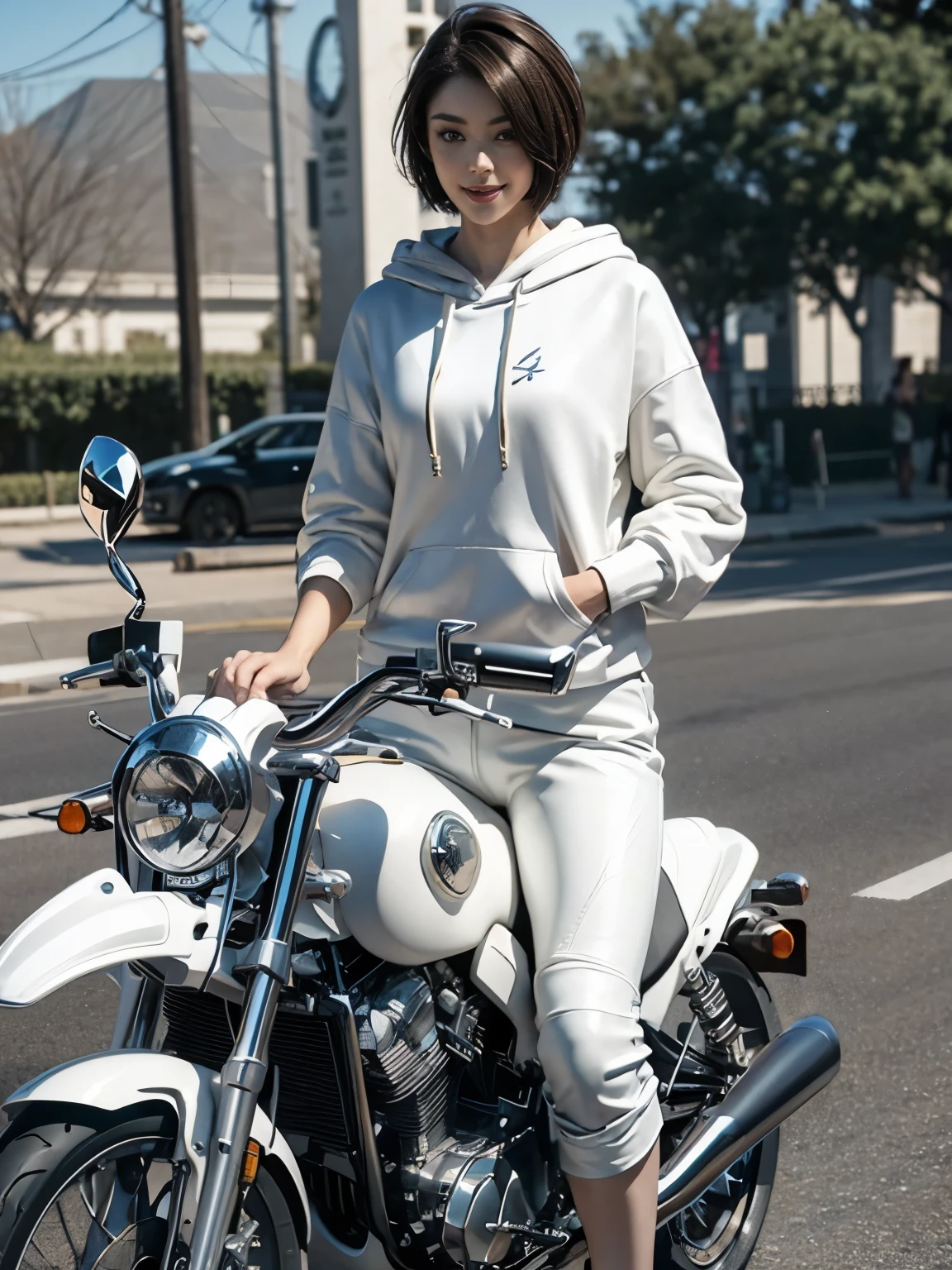 (Realistic:1.5), 8k, Ultra-high-definition beauty, 1 female, Exquisite body detailing, (highest quality: 1.0), (Extremely sharp cutting edge: 1.0), (short hair:1.4),（Beautiful and delicate depiction of eyes）,((((Riding a motorcycle)))),Unreal Engine:1.4,photoRealistic:1.4, Skin Texture:1.4, masterpiece:1.8,highest quality at best,Full Body Shot、(((White cloth hoodie and long leather pants)))、Long limbs、smile