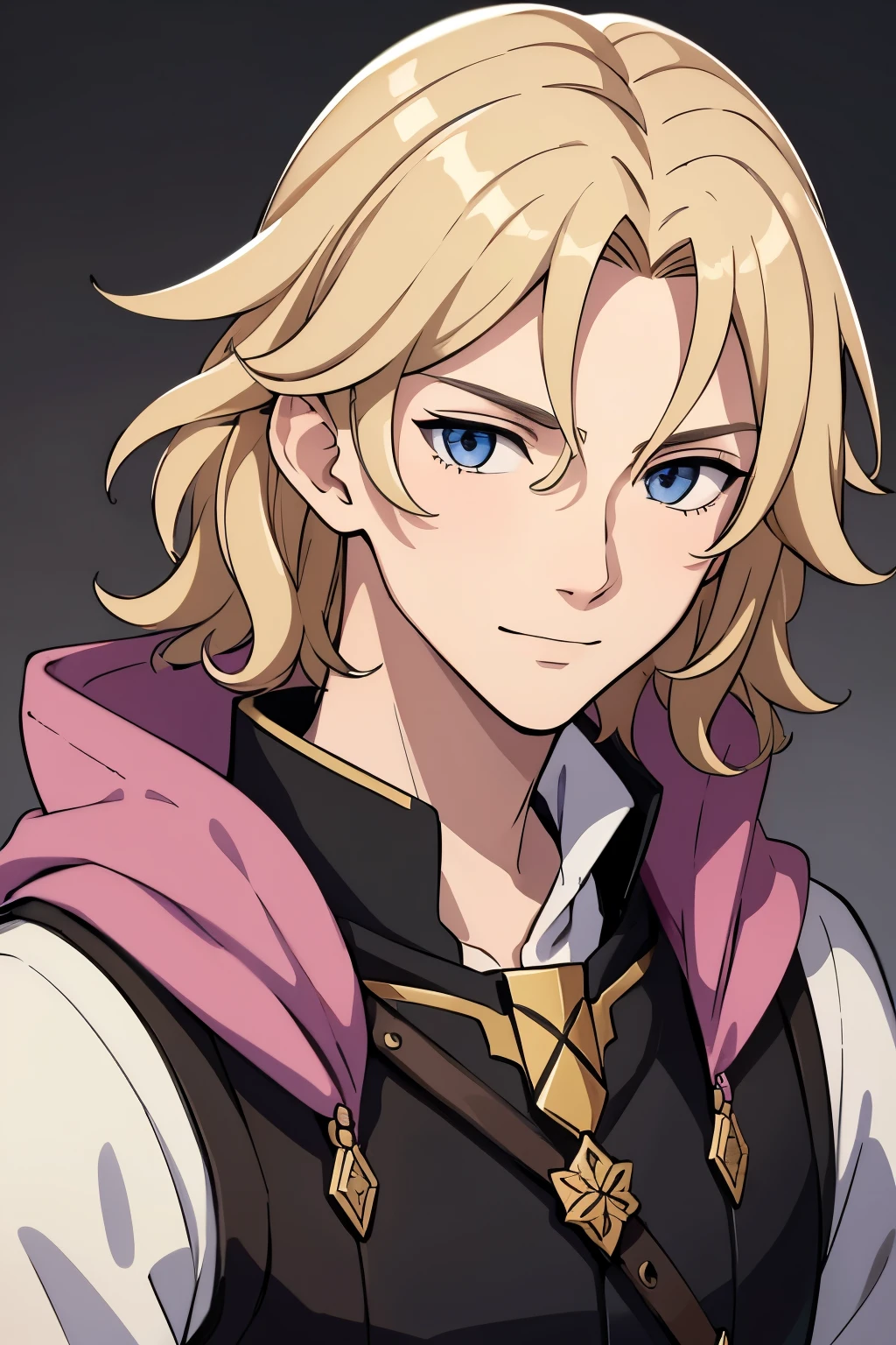 (high-quality, breathtaking),(expressive eyes, perfect face) 1boy, male, solo, portrait, young adult, age 18, Fire Emblem Awakening, Symmetrical Eyes, Fire Emblem, golden blonde hair color, short hair length, messy wavy hair, upper body, blue eyes, positive expression, charming smile, detailed eyes, blonde brown hair, narrow eyes, kind expression, benevolent prince, grey background, detailed eyes, black armor, pink trim, pink cape